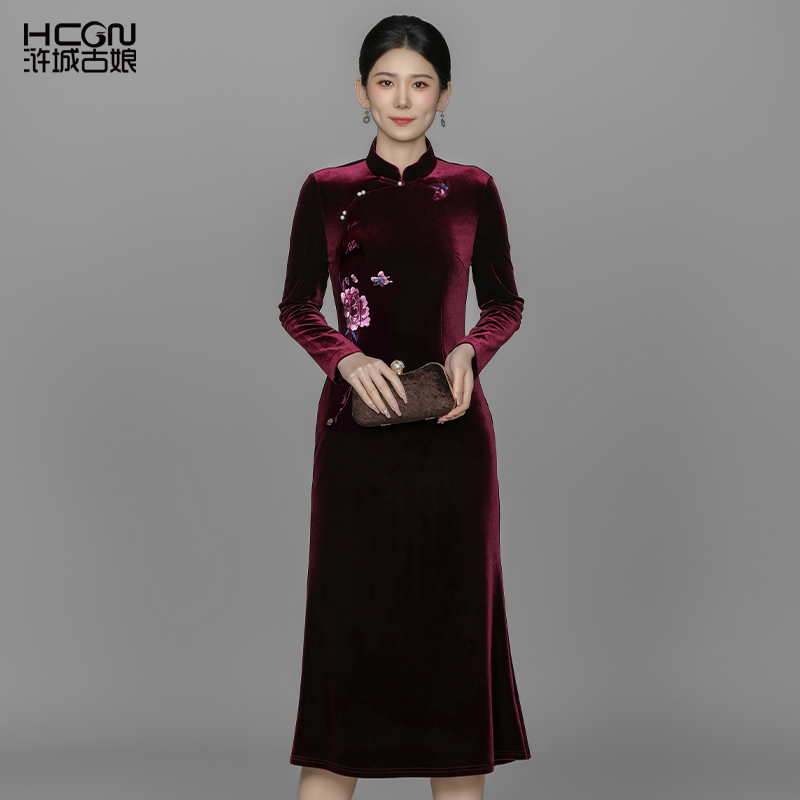 浒城古娘春季新款女装刺绣丝绒气质中长款新中式旗袍连衣裙女春秋