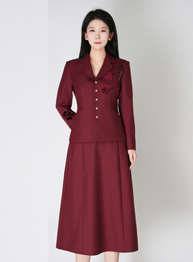 浒城古娘新款绵羊毛红色气质高级感通勤西服新中式国风套装女装春