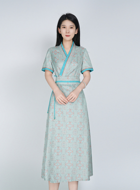 【大师系列-张和才蜀锦】高端气质长款蓝色新中式国风连衣裙女夏
