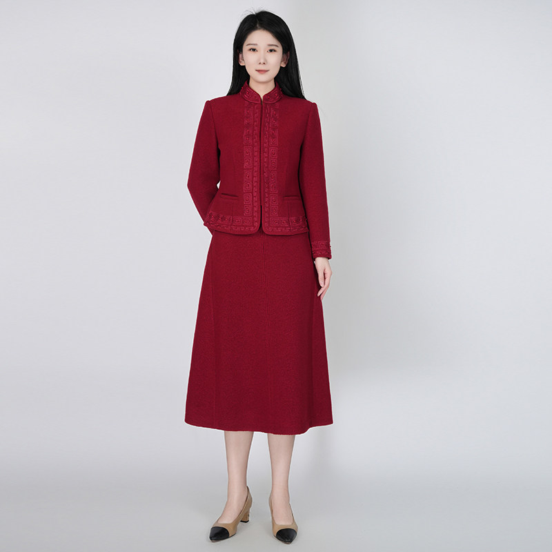 浒城古娘新款小香风优雅红色毛呢立领宴会新中式国风套装女装春秋,女装/女士精品,时尚套装,淘宝优惠券,粉丝福利购,淘宝优惠卷