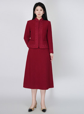 浒城古娘新款小香风优雅红色毛呢立领宴会新中式国风套装女装春秋