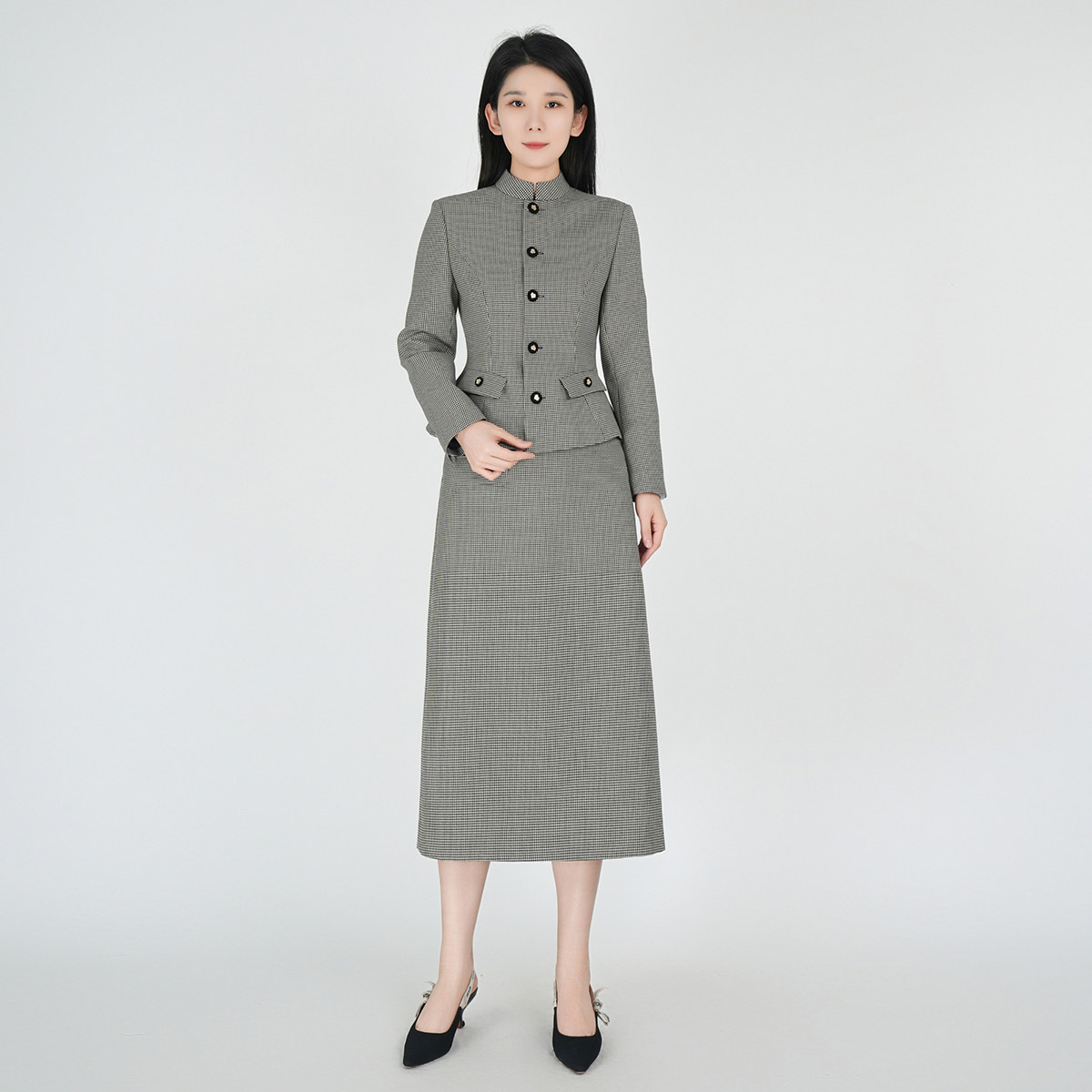 浒城古娘新款羊毛千鸟格气质职业立领上衣新中式国风套装裙女春秋