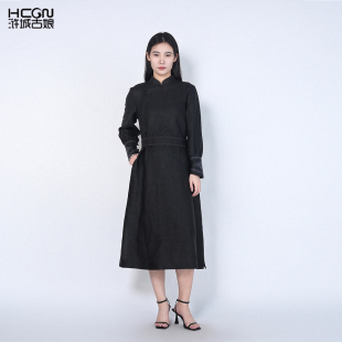 国风香云纱连衣裙女装 新中式 春秋 桑蚕丝气质收腰长款 浒城古娘新款