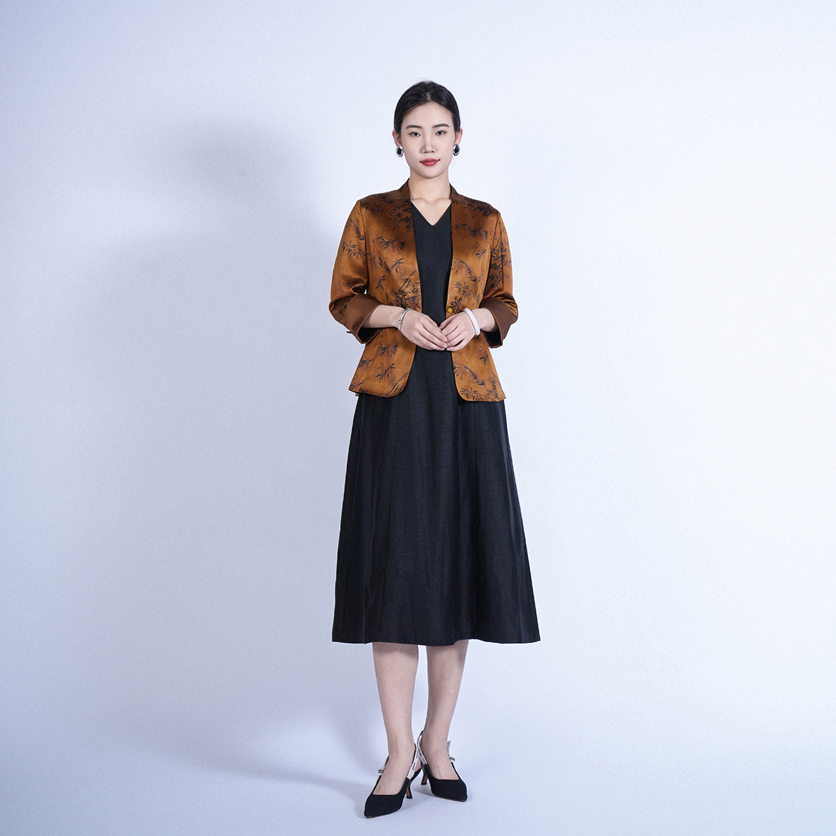 浒城古娘新款桑蚕丝竹叶印花气质新中式国风香云纱两件套装女春夏