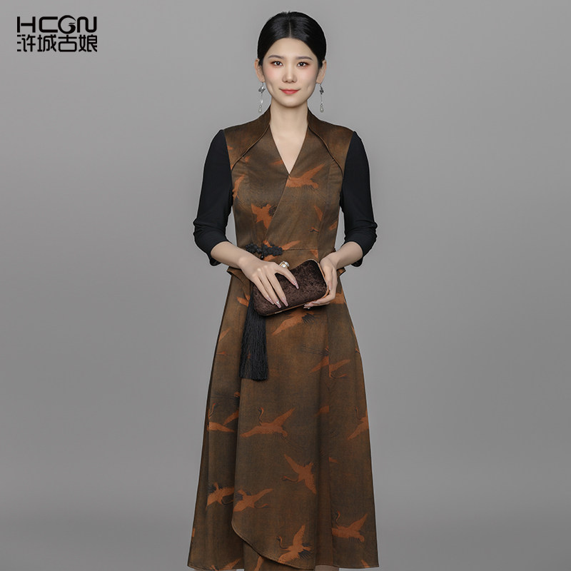浒城古娘夏季国风香云纱印花连衣裙气质修身清凉舒适温柔长裙子
