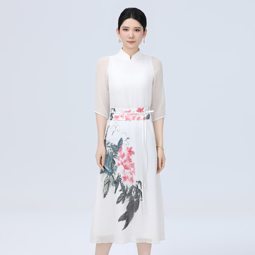 印花真丝印花中式真丝仙女裙