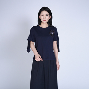 浒城古娘新款 圆领精致刺绣醋酸宽松百搭新中式 国风T恤上衣女夏季