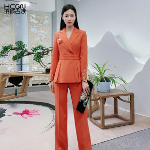 舒适优雅显瘦气质西服套装 春秋新款 中国风精致龙流苏刺绣V领长袖