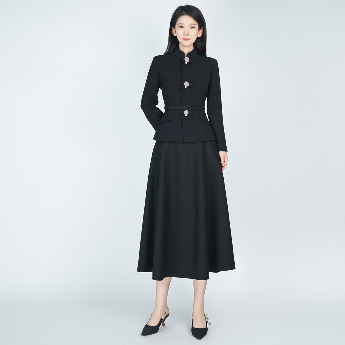 浒城古娘新款羊毛山茶花高定气质通勤长袖新中式国风套装裙女秋季