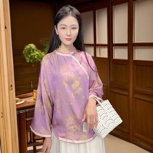 浒城古娘新款 气质印花圆领百搭宽松新中式 国风T恤上衣女夏季