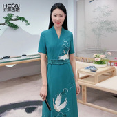 国风连衣裙女夏季 蓝色新中式 精致仙鹤刺绣气质长款 浒城古娘新款