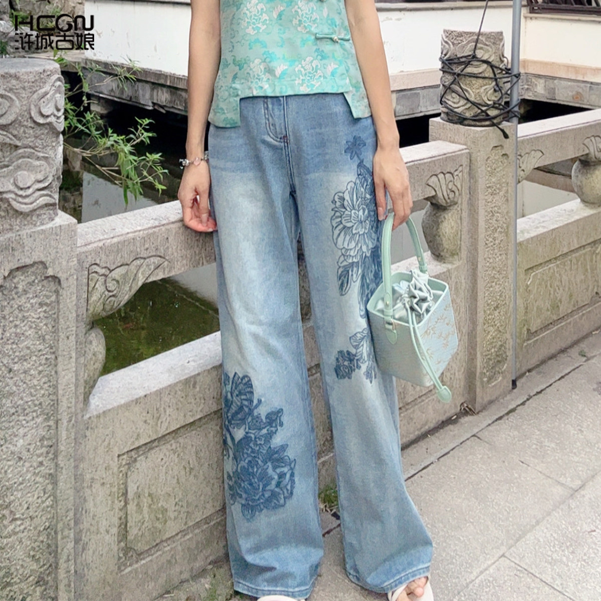 浒城古娘新款复古时尚刺绣百搭新中式国风牛仔休闲阔腿长裤子女夏