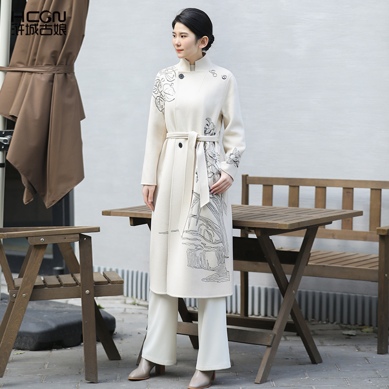 中式绵羊毛立领保暖双面呢大衣