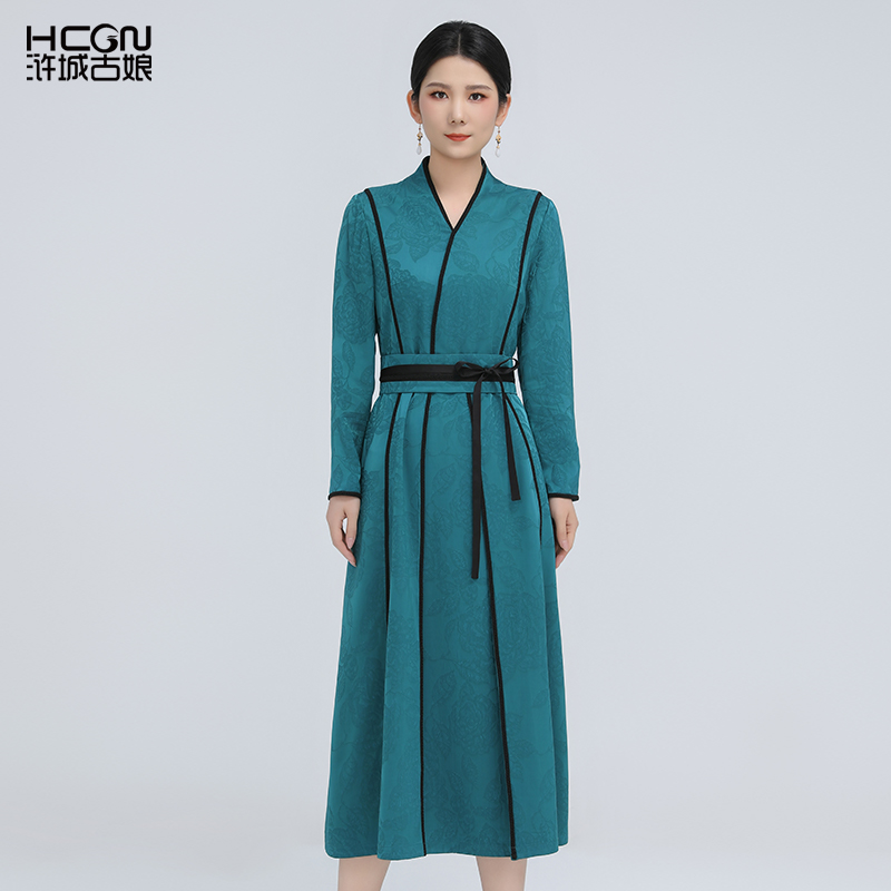 国风提花百搭时尚V领腰带连衣裙