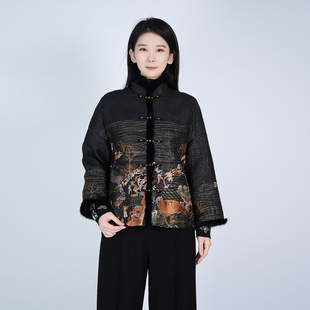 女棉服外套 香云纱新复古刺绣新款 100桑蚕丝中式 冬重工刺绣短款