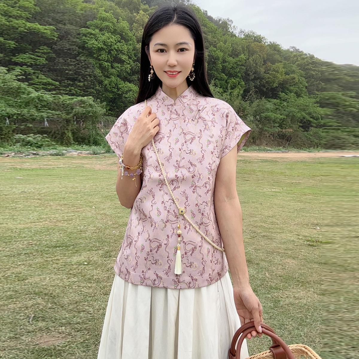 浒城古娘新款宽松复古立领印花气质百搭新中式国风上衣女夏季