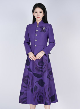 浒城古娘新款精致印花气质长袖立领西服新中式国风套装裙女款春秋