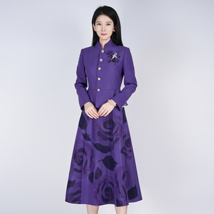 浒城古娘新款精致印花气质长袖立领西服新中式国风套装裙女款春秋
