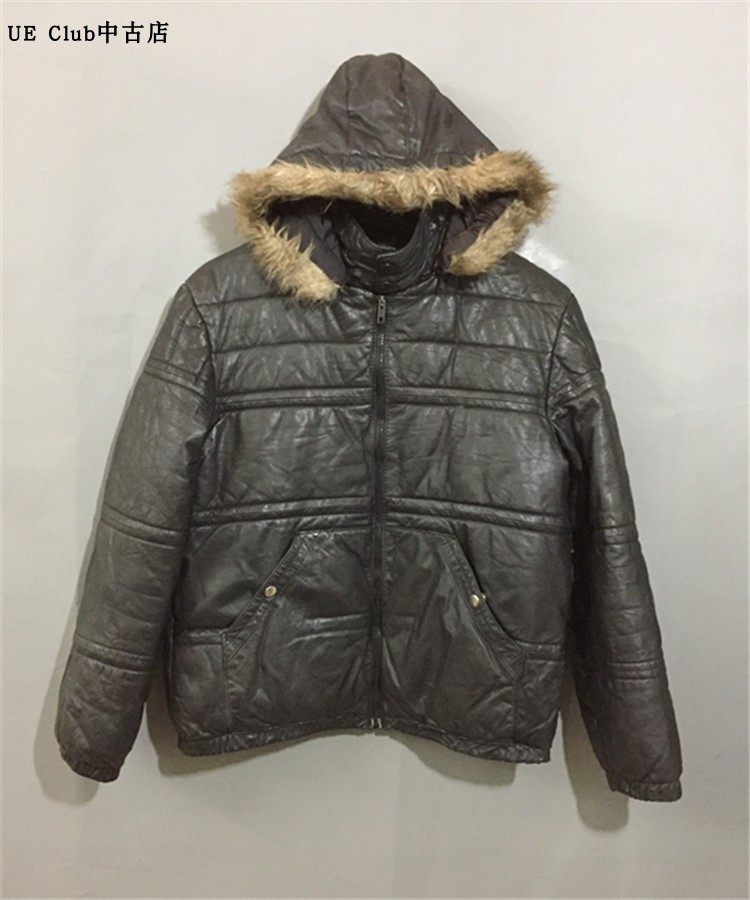 【原 价¥388】 vintage  韩国制古着可拆卸帽毛立领夹棉牛皮外套