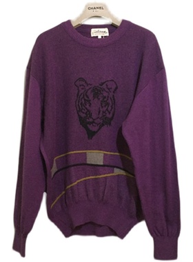 【原 价¥168】vintage  日本制古着Avenue虎头图案紫色纯羊毛衣