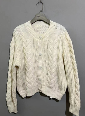 【上新价88】vintage  韩国古着立体麻花乳白色开衫短款毛衣