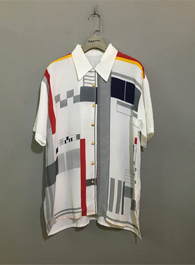 【上新价¥118】vintage  日本制古着几何图案白色微透金扣衬衫