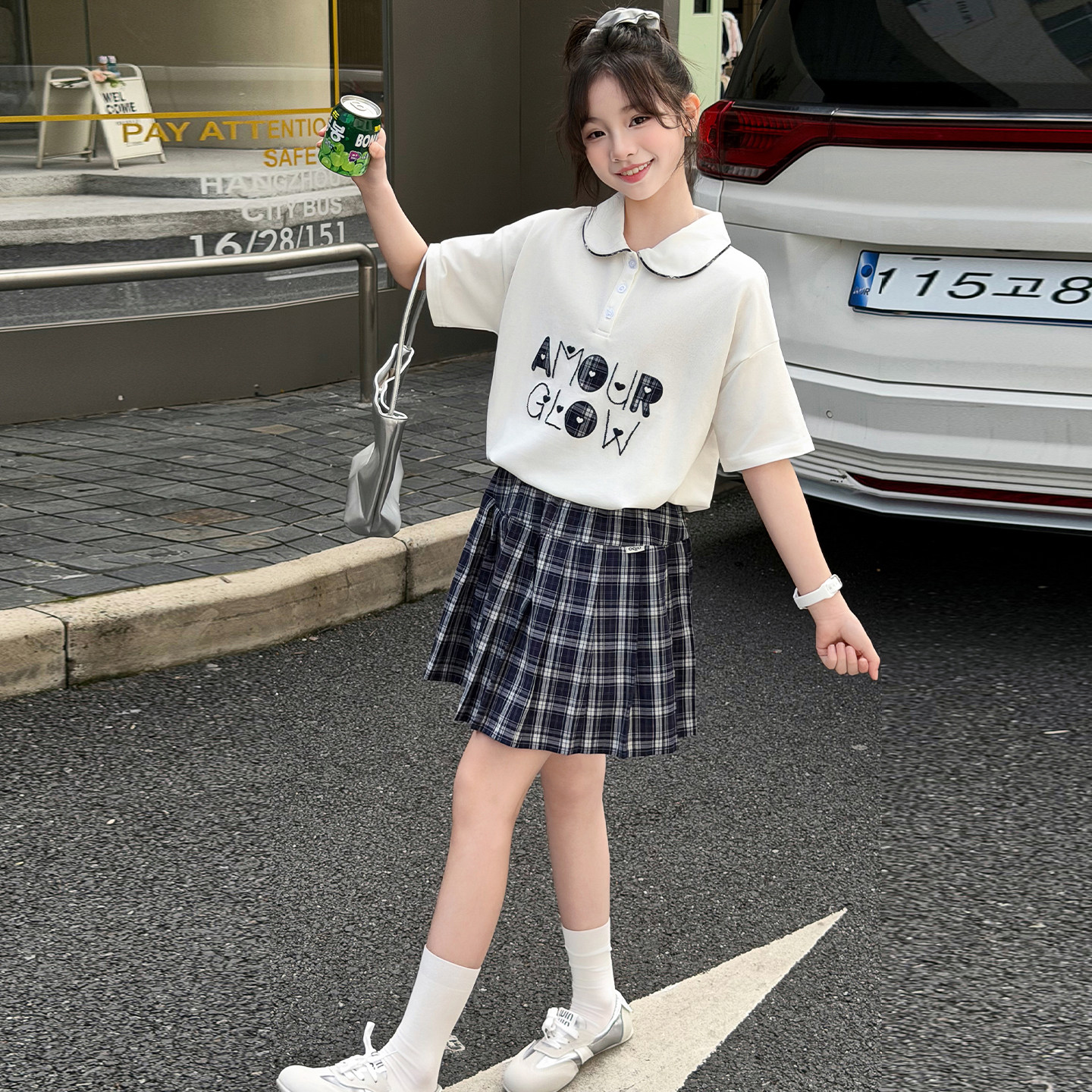 女童夏季学院风短袖百褶裙两件套