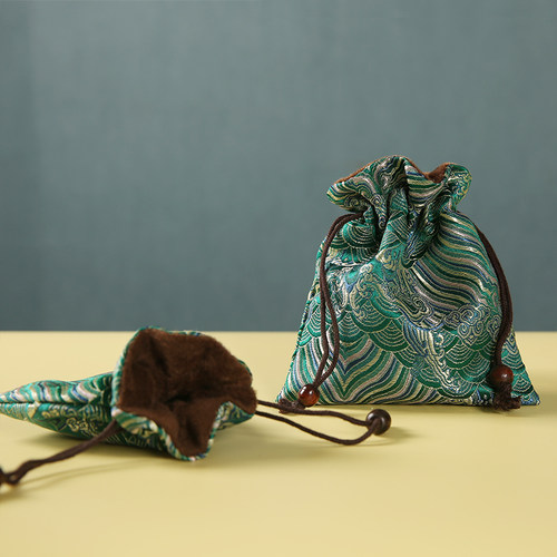 手工高档刺绣锦囊福袋绿色小布袋束口抽绳文玩收纳珠宝翡翠首饰袋