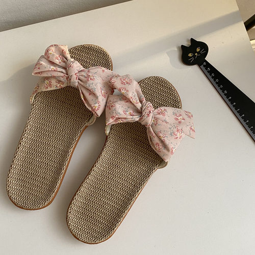 田园设计师清新碎花亚麻凉拖鞋