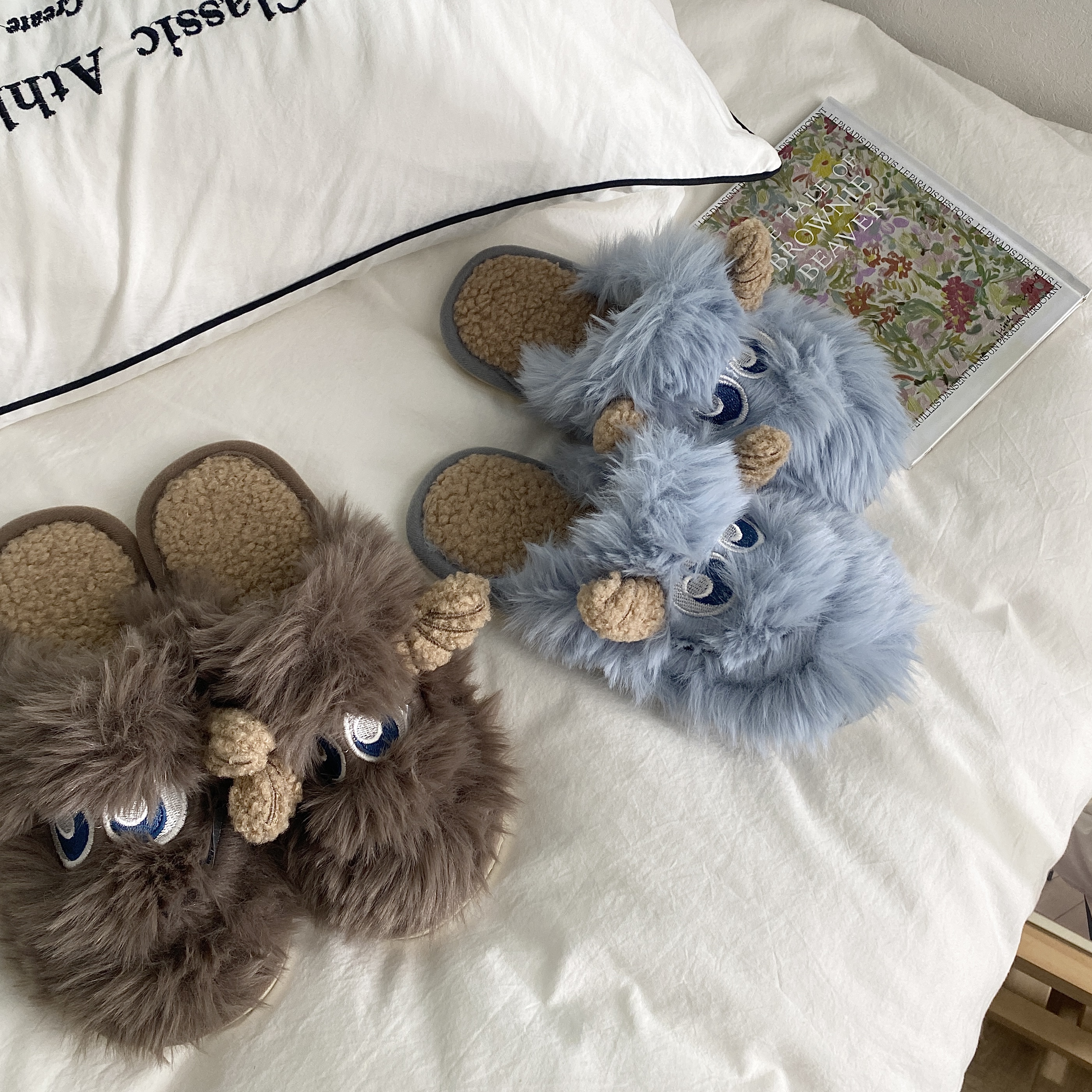 慵懒姐姐长绒毛小怪兽秋冬棉拖鞋