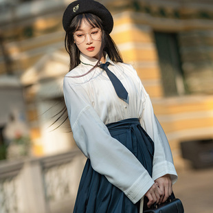 蕾丝风琴褶汉服衬衫 秋冬 上衫 拟梦优等生系列天丝棉绸明制立领直袖
