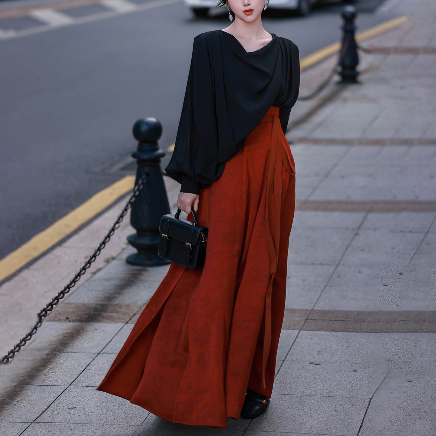 拟梦原创黑荡领衬衫破裙春秋国风新中式通勤日常套装