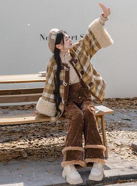 拟梦下课后 明制方领半袖圈毛阔腿裤针织衫 格纹日常汉服汉元素