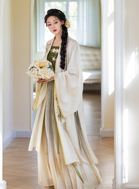 拟梦槐花语原创国风宋制日常汉服褙子刺绣吊带褶裙绿色仙气春秋款