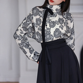 素棉麻高领衬衫 原创唐制破裙汉元 春夏通勤高智黑白 花枝墨 拟梦