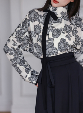 拟梦【花枝墨】原创唐制破裙汉元素棉麻高领衬衫春夏通勤高智黑白