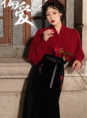 拟梦偏爱原创红色飞机袖宋制通勤日常汉服港风氛围感汉元素针织衫