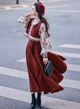 拟梦木兰 原创汉服汉元素圆领衫马甲破裙秋冬复古酒红日常通勤女
