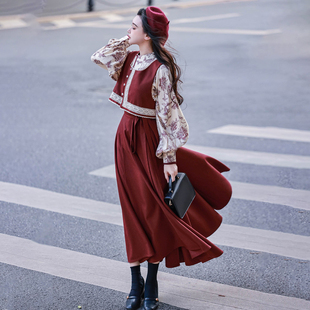 素圆领衫 马甲破裙秋冬复古酒红日常通勤女 原创汉服汉元 拟梦木兰