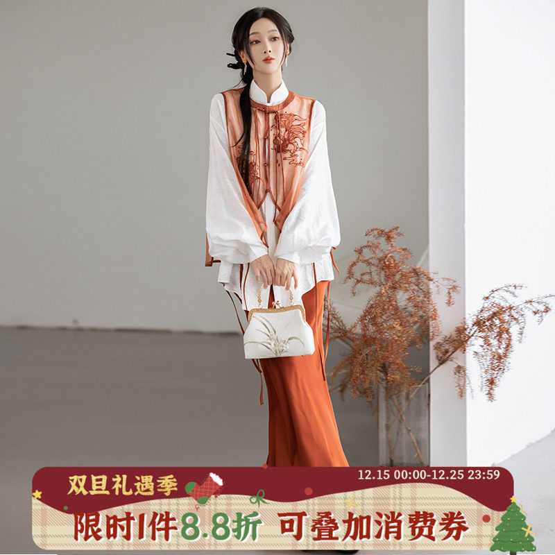 新中式斜裁鱼尾裙衬衫套装拟梦