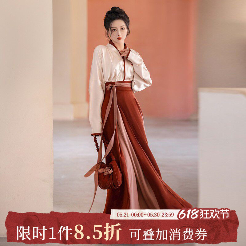 拟梦虞美人国风原创四破三裥裙人丝飞机袖通勤日常汉服晨袍婚礼红