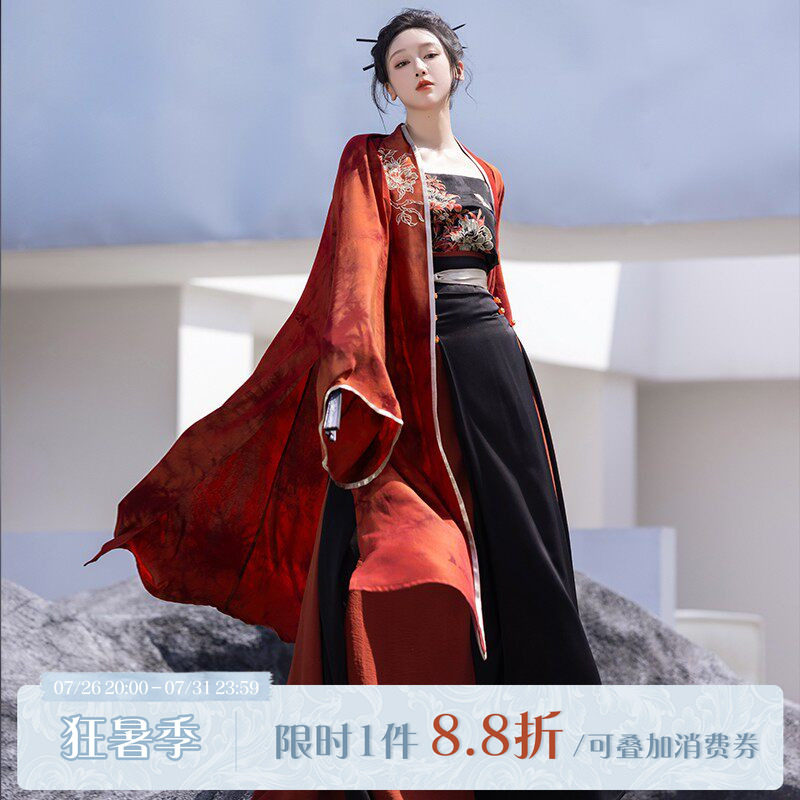 拟梦涅槃国风原创红黑系直袖褙子四破三裥裙宋制汉服日常酷飒显瘦 - 实物图