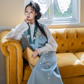 拟梦梨花曲国风原创通勤日常汉服旋裙新中式 春秋 刺绣马甲立领衬衫