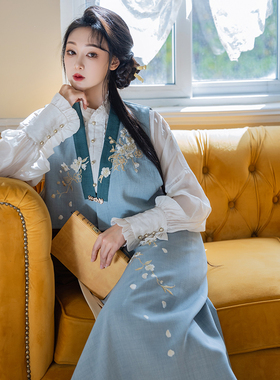 拟梦梨花曲国风原创通勤日常汉服旋裙新中式刺绣马甲立领衬衫春秋