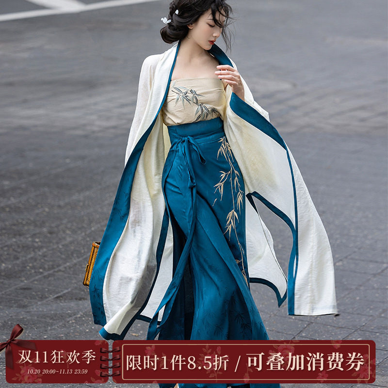 拟梦竹语国风原创宋制旋裙三件套长干寺天丝提花刺绣竹子日常汉服