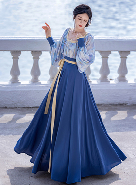 拟梦梵高的海国风原创改良鸡心领6米摆十破裙春秋油画感日常汉服