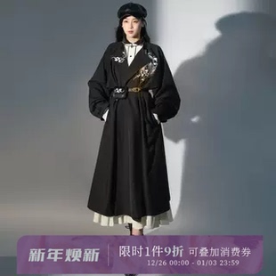 拟梦无风原创圆领袍风衣日常汉服冬季 素刺绣风衣外套 黑色国风汉元