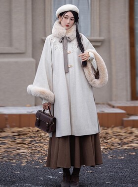 拟梦卡布奇诺国风原创圆领袄呢子外套大衣毛领十破裙秋冬日常汉服
