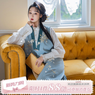 拟梦梨花曲国风原创通勤日常汉服旋裙新中式 春秋 刺绣马甲立领衬衫