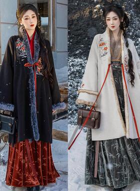拟梦雪中客 宋制对襟长袄丝绒破裙飞机袖原创汉服秋冬圈毛呢大衣